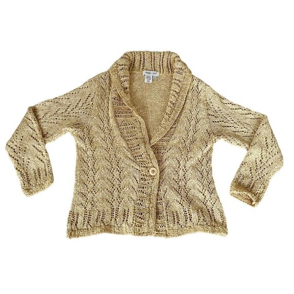 Coldwater Creek Women's Sz M Yellow Crochet Knit Cardigan Sweater Shawl Collar - Picture 7 of 7